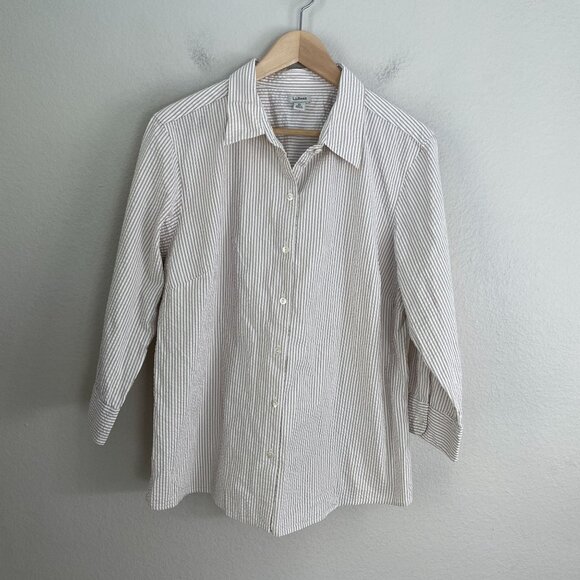 LL Bean Womens XL Seersucker Button Up Shirt Tan Striped 3/4 Sleeve Blouse - Picture 7 of 11